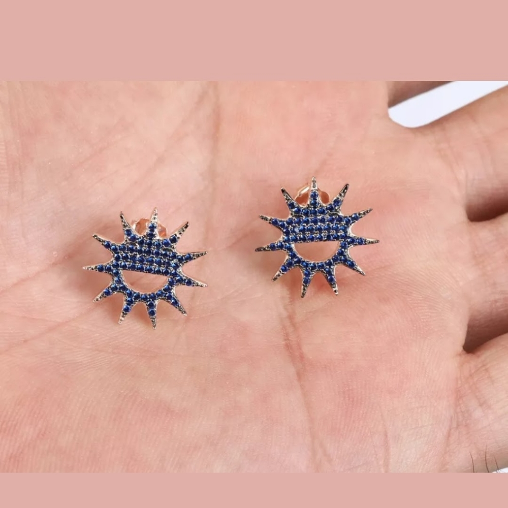 Blue sapphire smiling sun rose gold earrings - Picture 4 of 4